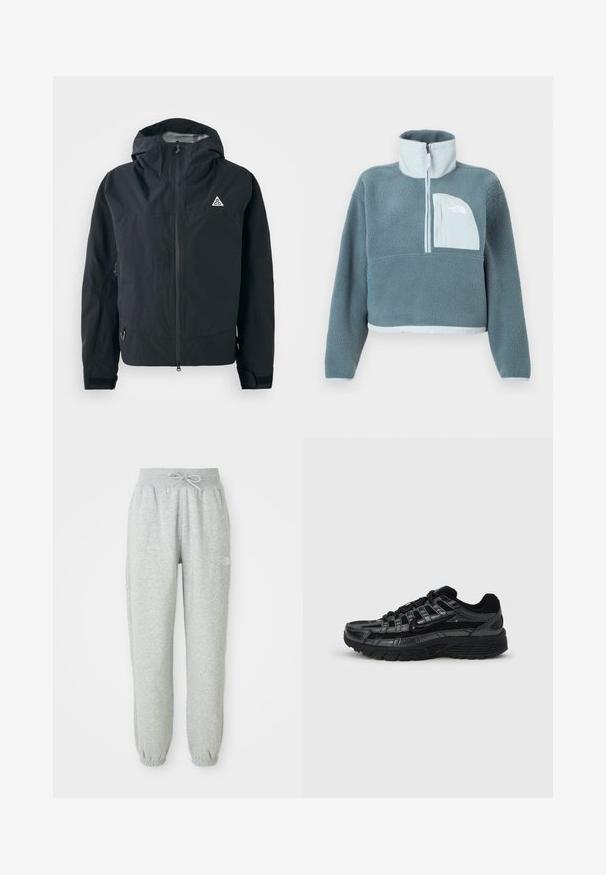 Sort hættejakke med frontlynlås, justerbare manchetter, sidelommer med lynlås og lille trekantet logo på brystet.; Blå fleecepullover med halvhøj lynlås, høj krave og lys blå brystlomme med The North Face-logo.; Grå sweatpants med elastisk talje og snøre. Stoffet er blødt, og de har elastiske manchetter ved anklerne samt et logoaccent.; Sort atletiksko med en tekstureret mesh-overdel, syntetiske detaljer, tyk gummisål og markant snøresystem. Nike-logo på siden.