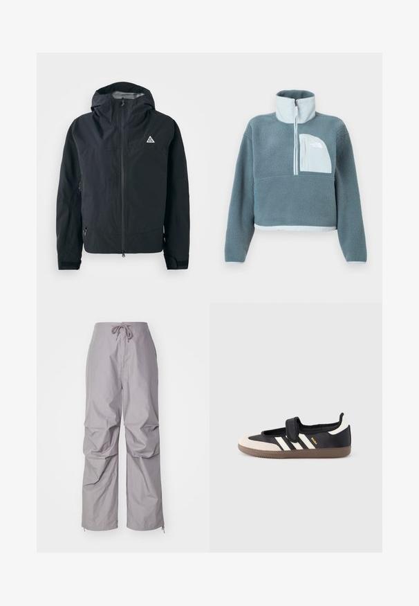 Veste à capuche noire avec fermeture éclair frontale, poignets réglables, poches latérales zippées et petit logo triangulaire sur la poitrine.; Pullover en polaire bleu avec demi-fermeture éclair, col montant et poche poitrine bleu clair arborant le logo The North Face.; Pantalons gris amples en tissu léger, dotés d'une taille à cordon de serrage et de bas resserrés avec des zippers. Fini texturé.; Baskets noires et beiges avec une bride en velcro, trois bandes blanches sur le côté, et une semelle en caoutchouc marron texturée. Logo de la marque visible.