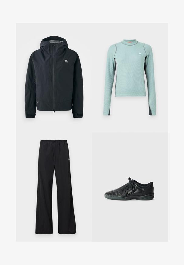 Veste à capuche noire avec fermeture éclair frontale, poignets réglables, poches latérales zippées et petit logo triangulaire sur la poitrine.; Chemise à manches longues vert clair avec un col haut, présentant des accents gris et un tissu texturé. Petit logo sur la poitrine.; Pantalon de sport noir ample avec taille élastique et petit logo Nike blanc sur la cuisse gauche, présenté sur un fond blanc.; Chaussure de sport en cuir noir avec un design matelassé, bout arrondi, lacets à l'avant et semelle en caoutchouc. Présente une marque discrète sur le côté.