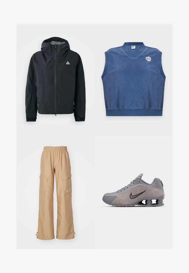 Mustaga kapuutsiga jakk esimesega, reguleeritavad mansetid, külgsed tõmbluku taskud ja väike kolmnurkne logo rinna peal.; Varrukateta sinine Nike froteerõivaste vest V-kaeluse ja väikese valge-sinise tikitud logoga vasakul ülakõhul.; Nike Sportswear TREND - Kargopüksid - hemp; Hall-sinine seemisportlane king, millel on kõverdisain, nööbiga sulgemine, must swooshi logo ja nähtav šoki neelav konts.