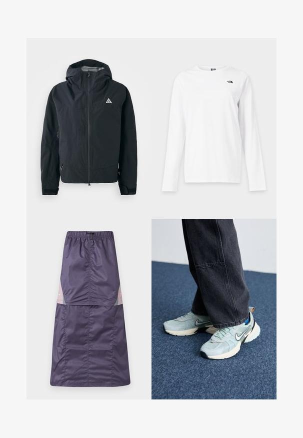 Chaqueta negra con capucha, cierre frontal, puños ajustables, bolsillos laterales con cremallera y pequeño logo triangular en el pecho.; Camiseta blanca de manga larga con cuello redondo y pequeño logo negro de The North Face en el lado izquierdo del pecho.; Falda de nylon morada con cintura elástica, que presenta paneles en bloque de color en rosa y verde, y un pequeño logo blanco en la parte superior.; Zapatillas Nike de malla azul claro con un acabado texturizado, swoosh negro y suela media crema, combinadas con pantalones de pierna ancha gris oscuro.