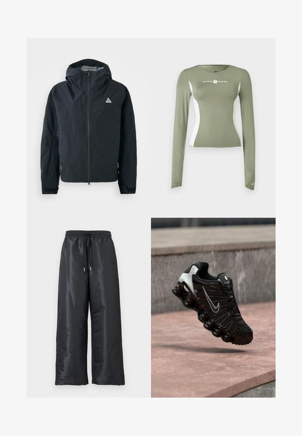 Chaqueta negra con capucha, cierre frontal, puños ajustables, bolsillos laterales con cremallera y pequeño logo triangular en el pecho.; Camiseta de manga larga Nike Shox en verde oliva con paneles laterales blancos y detalles en verde neón, corte ajustado y pequeño logo de swoosh en el puño de la manga.; Pantalones negros de pierna ancha, hechos de una tela brillante y suave. Cuentan con una cinturilla elástica con cordón y bolsillos laterales.; Zapato deportivo negro con parte superior de malla texturizada, detalles plateados y una suela negra gruesa y brillante con elementos acolchados redondeados.