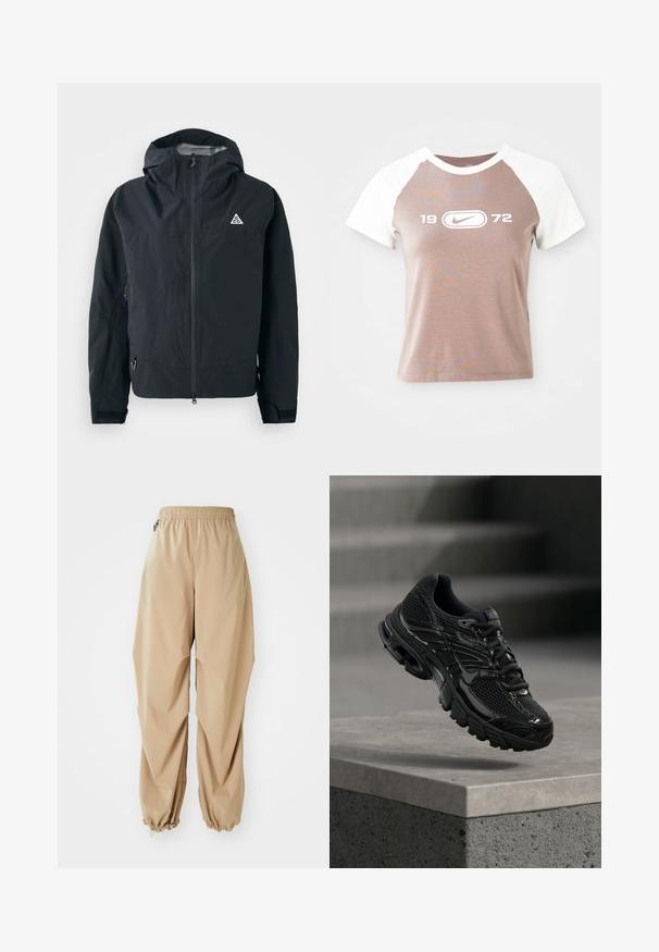 Zwarte hoodie met ritssluiting aan de voorkant, verstelbare manchetten, zijzakken met rits en een klein driehoekig logo op de borst.; Korte mouwen t-shirt met een lichtbruine body en witte raglanmouwen, met een groot wit grafisch logo en het jaar "1972" gecentreerd op de voorkant.; Beige lichte broek met een elastische tailleband, taps toelopende boorden en een soepele textuur, met een relaxte pasvorm en zonder zichtbare patronen of versieringen.; Zwarte Nike hardloopschoen met mesh en synthetische bovenkant die boven een betonnen oppervlak en trappen op de achtergrond zweeft.