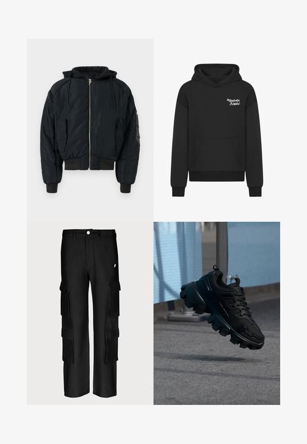 Sort polstret bomberjakke med hætte, lynlås foran og ribbede manchetter. Har to sidelommer og en lomme på ærmet til opbevaring.; Sort hætte sweatshirt med en frontlomme, der har et hvidt "Forever Classic" logo på brystet. Lavet af blødt, tekstureret stof.; Sorte cargo-bukser med løs pasform, flere sidelommer, knaplukning og en glat stofstruktur.; Sort chunky sneaker med tyk slidbane sål, der svæver over en grå fortov mod en sløret lyseblå og grå baggrund.