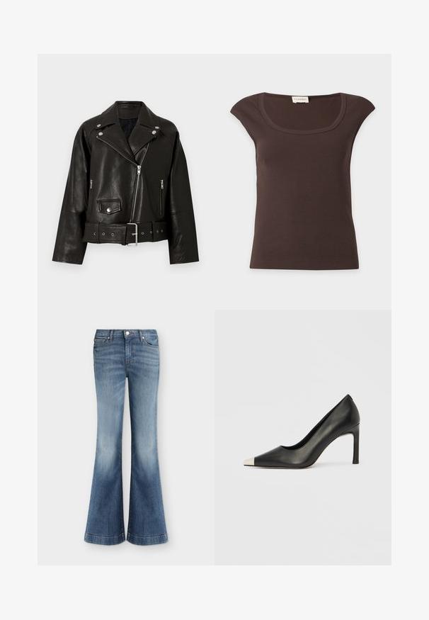 Veste de motard en cuir noir avec détails zippés et à boutons-pression, col large, poches avant et taille ceinturée. Finition texturée avec une coupe moderne.; Top côtelé marron foncé à manches courtes et encolure arrondie avec une petite étiquette en tissu au niveau du col sur fond blanc.; Jean en denim bleu taille haute, cinq poches, bouton à l'avant et jambes larges évasées.; Chaussure à talon haut en cuir noir avec bout pointu et capuchon argenté métallique. Présente une finition lisse et un talon fin de 10 cm.