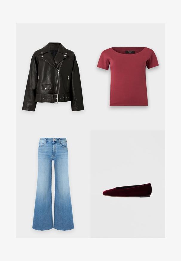 Veste de motard en cuir noir avec détails zippés et à boutons-pression, col large, poches avant et taille ceinturée. Finition texturée avec une coupe moderne.; Haut pour femmes à manches courtes, de couleur rose foncé, avec un large décolleté en arrondi et une coupe ajustée, posé à plat sur un fond blanc.; Jean en denim clair avec une coupe évasée, taille haute, deux poches avant et un ourlet brut en bas.; Ballerines en velours bordeaux avec un bout arrondi et un talon bas, présentant une texture lisse et un design élégant.