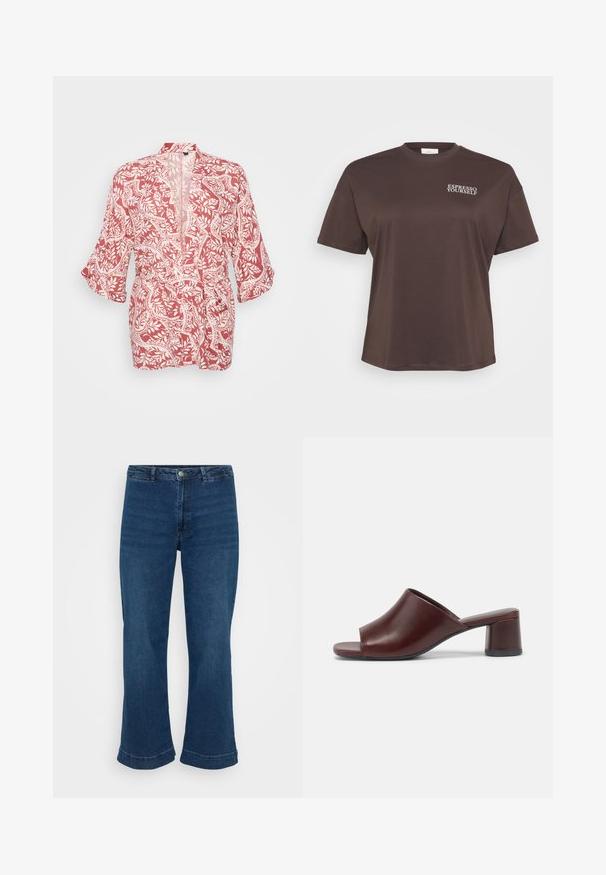 Veste de style kimono rouge et blanc avec un motif floral et de vignes, en tissu léger, devant ouvert et manches trois quarts.; T-shirt marron à manches courtes avec le texte "ESPRESSO YOURSELF" en blanc sur le coin supérieur gauche. Design simple et décontracté.; Jean bleu taille haute avec une jambe droite et un ourlet évasé, en denim. Présente un design classique à cinq poches et une fermeture à bouton en métal.; Sandales ouvertes couleur bordeaux foncé en cuir lisse, avec un design arrondi et un talon épais pour la stabilité. Vue de côté présentée.