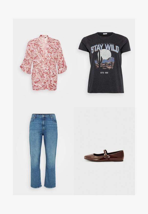 Veste de style kimono rouge et blanc avec un motif floral et de vignes, en tissu léger, devant ouvert et manches trois quarts.; T-shirt en coton noir avec une impression graphique d'un paysage désertique avec des cactus, une lune, et la phrase "RESTEZ SAUVAGE" en lettres bleues.; Jean en denim bleu clair avec une coupe droite, comportant cinq poches, des passants de ceinture et un léger délavage sur le devant.; Ballerine en cuir verni marron avec un bout carré et une lanière ornée d'une petite boucle dorée. Texture lisse, talon bas et design minimaliste.
