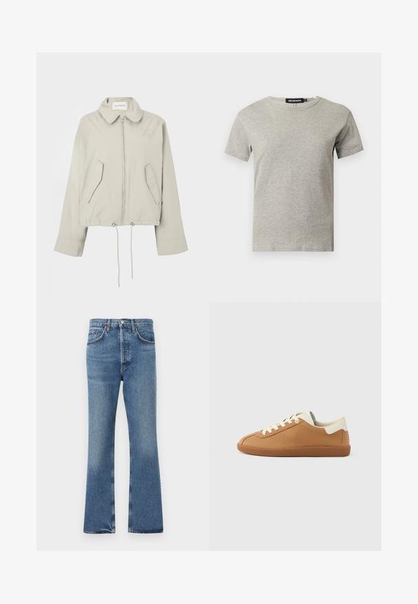 Veste courte gris clair avec col, fermeture éclair devant, deux poches et ourlet à cordon de serrage. Présente une broderie discrète du logo sur la poitrine.; T-shirt en coton gris clair à manches courtes et col rond avec une étiquette noire visible à l'intérieur du col indiquant "DENIM" et la taille "S."; Jean en denim bleu taille haute, fermeture à boutons et fermeture éclair, poches avant et arrière, et jambes légèrement évasées.; Baskets en cuir marron avec fermeture à lacets crème, finition texturée et accent talon blanc orné de détails cloutés. Semelle en caoutchouc.