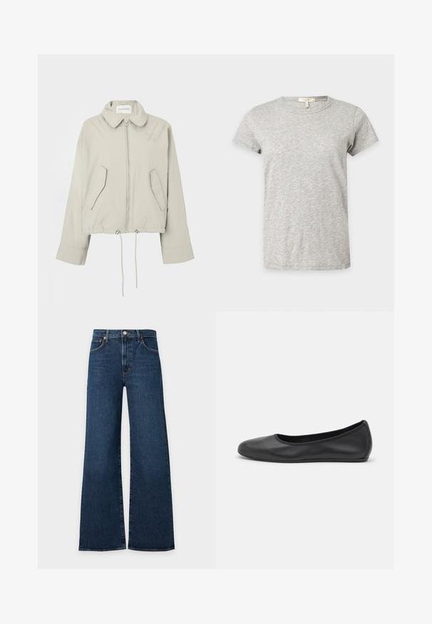 Veste courte gris clair avec col, fermeture éclair devant, deux poches et ourlet à cordon de serrage. Présente une broderie discrète du logo sur la poitrine.; T-shirt gris clair à manches courtes et col rond avec un motif chiné subtil affiché sur un fond uni.; Jean en denim bleu foncé à jambes larges avec bouton à l'avant, fermeture éclair et design à cinq poches sur fond gris clair.; Ballerines en cuir noir avec un bout rond, texture lisse, détails de couture minimalistes et design de semelle flexible.