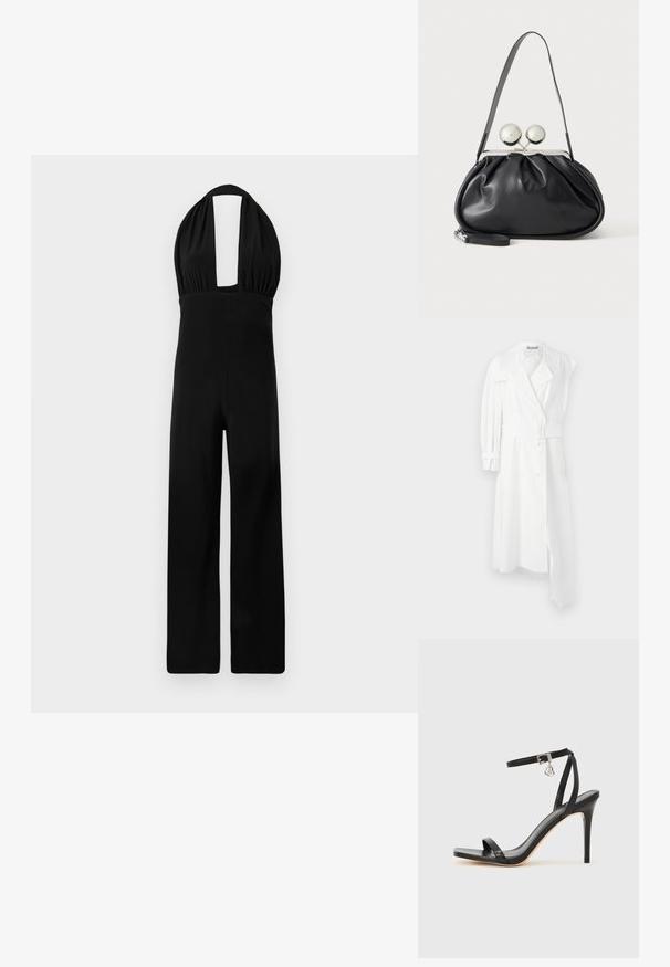 Hvid trenchcoat med dobbeltbrystet front, bælte i taljen, bred krave og én langærmet. Har en glat stoffinish.; Sort halterneck jumpsuit med en dyb udskæring, samlet bodice og bredbenet design. Stoffet har en glat tekstur og ensartet farve.; Sort hæl-sandal med smal ankrem, firkantet tå-boks, glat lædermateriale og metalspænde som pynt.; Sort læderhåndtaske med opsamlet design, en enkelt rem, sølv metalramme og to store runde sølv lukninger.