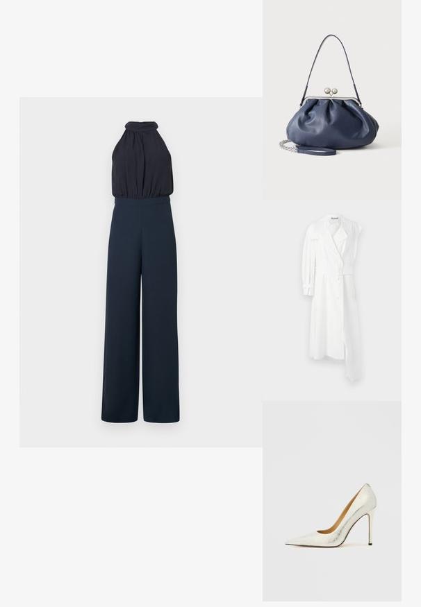 Valge trench-kate, millel on kahe nööbiga esiosa, vöökoht, lai krae ja üks pikk varrukas. Omab sujuvat kangast viimistlust.; Mustriga mustast kangast varrukateta kaelusega kombinesoon, millel on kokku korjatud ülakeha ja laiad püksisääred, esitletud tavalise tausta ees.; Valge nahast kõrge kontsaga king, millel on terav nina ja tekstuuriga viimistlus. Omaduseks on peen stiletikonts ja sile sisemine vooder.; Pehme tumesinine nahast käekott hõbedase klambriga, ühe õlarihmaga ja eemaldatava ketiga randmerihmaga valgel taustal.