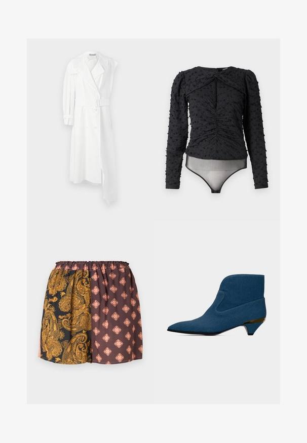 Valge trench-kate, millel on kahe nööbiga esiosa, vöökoht, lai krae ja üks pikk varrukas. Omab sujuvat kangast viimistlust.; Hofmann Copenhagen EXCLUSIVE ALEXANDRA - Pluus - black; Lühikesed mustriga püksid elastse vöökohaga. Vasak külg on mustal taustal kuldse paisley mustriga, parem külg pruunikate ja virsiku toonidega.; Sinine pahkluu saabas terava varbaosaga, madala kassikandaga, millel on kuldne detail, ja sile, ühtlane disain.