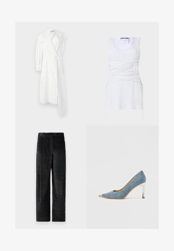 Valge trench-kate, millel on kahe nööbiga esiosa, vöökoht, lai krae ja üks pikk varrukas. Omab sujuvat kangast viimistlust.; Valge soonikuline tank top, millel on ristatud paeltega detailid, ümmargune kaelus ja sirge alläär. Bränd: Moschino Couture.; Mustad, tekstureeritud laiad püksid mustas värvuses, millel on väljendunud kudumine, eessuud ja lame vöökoht. Klassislik disain mitmekesiseks kasutamiseks.; Teksariietega kitsasvarbne pump hõbedase metallist varbakaane ja kontsaga. Omab siledat tekstuuri ja kumerat siluetti.