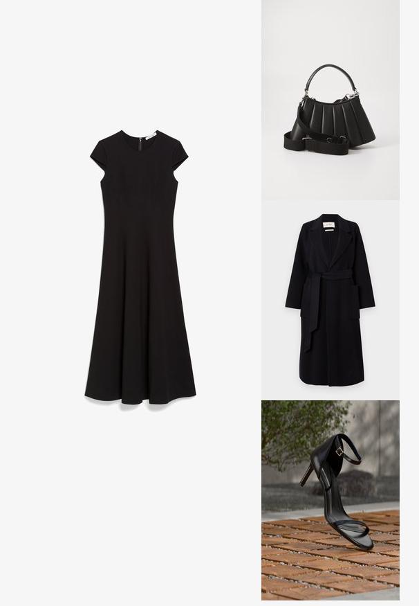 Abrigo de mezcla de lana negro que presenta un cuello de muesca, un lazo en la cintura y dos bolsillos laterales. Mangas largas y silueta recta.; Vestido negro a la altura de la rodilla con mangas cortas tipo cap sleeve, escote redondo y un corsé ajustado que se ensancha hacia el dobladillo. Cierre de cremallera en la parte posterior.; Sandalia negra de tacón alto con correa en el tobillo, parece suspendida sobre un suelo de baldosas de madera al aire libre, con un fondo difuminado de vegetación y piedra.; Bolso de mano negro con pliegues, manejo redondeado, correa ajustable y textura brillante. Presenta herrajes plateados y una silueta estructurada.
