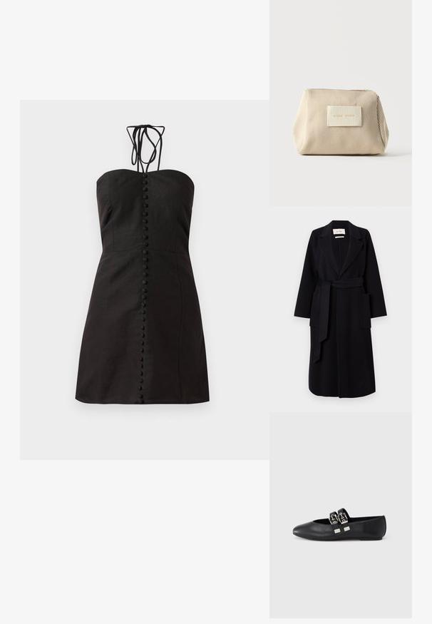 Abrigo de mezcla de lana negro que presenta un cuello de muesca, un lazo en la cintura y dos bolsillos laterales. Mangas largas y silueta recta.; Vestido negro sin tirantes, hecho de una tela texturizada con corte recto. Presenta un cierre frontal con botones redondos y lazos ajustables en el cuello.; Zapato plano de cuero negro con punta afilada y dos correas con hebillas plateadas cruzando la parte superior, fotografiado sobre un fondo claro y sencillo.; Bolsa de tela beige con textura acanalada, cremallera en la parte superior y parche rectangular con texto en relieve en la parte delantera, sobre un fondo blanco liso.