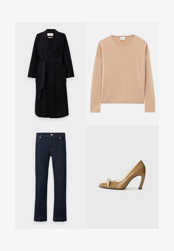 Schwarzer Wollmischungs-Mantel mit Reverskragen, Taillengürtel und zwei seitlichen Taschen. Lange Ärmel und gerade Silhouette.; Beige Langarmpullover mit rundem Halsausschnitt, lockerer Passform und Rippdetails an den Bündchen und dem Saum. Weiche, glatte Textur mit minimalistischem Design.; Dunkelblaue Jeans mit geradem Bein, mit vorderer Knopfleiste, Reißverschluss und oranger Naht auf weißem Hintergrund.; Braunes Lacklederpumps mit spitzer Zehenpartie, ausgestattet mit einem metallisch goldenen Akzent und einem dicken, hohen Absatz. Glatte Textur und elegantes Design.