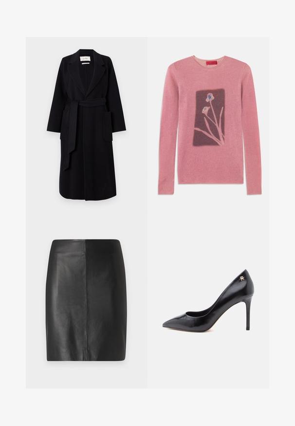 Abrigo de mezcla de lana negro que presenta un cuello de muesca, un lazo en la cintura y dos bolsillos laterales. Mangas largas y silueta recta.; Suéter rosa con mangas largas, cuello redondo y un diseño floral en un rectángulo más oscuro. Textura suave, material acanalado, etiqueta de marca en el cuello.; Falda de cuero negro con un diseño ajustado y textura suave, que presenta una costura central en el frente y una silueta limpia y minimalista.; Zapato de tacón alto de cuero negro con punta puntiaguda, con un diseño recortado y un pequeño detalle de logo dorado en el talón.