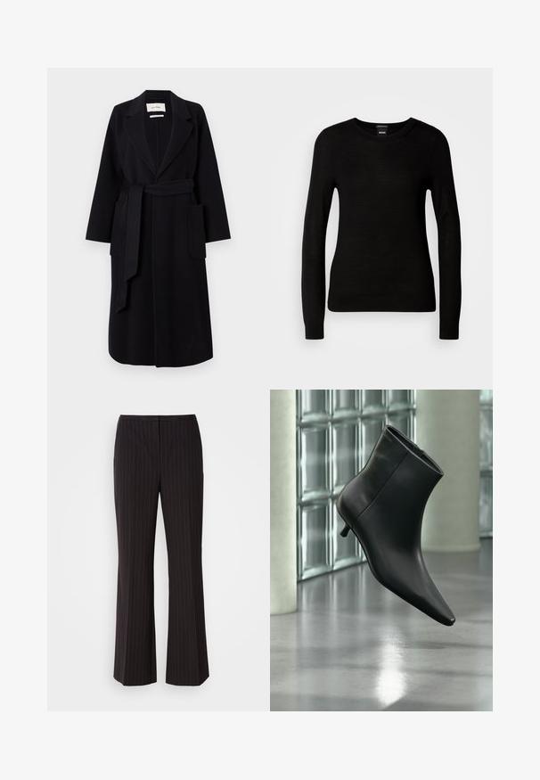 Schwarzer Wollmischungs-Mantel mit Reverskragen, Taillengürtel und zwei seitlichen Taschen. Lange Ärmel und gerade Silhouette.; Schwarzer Pullover aus feinem Strickmaterial, mit rundem Halsausschnitt und langen Ärmeln mit enganliegenden Bündchen. Keine sichtbaren Muster oder Verzierungen.; Schwarz gestreifte weit geschnittene Hose aus glattem Stoff, mit einem mittelhohen Bund und einem schlichten Vorderdesign. Keine sichtbaren Taschen.; Schwarzer Leder-Stiefelette mit spitzer Zehenpartie und niedrigem Kitten-Heel, schräg dargestellt vor einem polierten Boden und einer Glasbausteinwand.