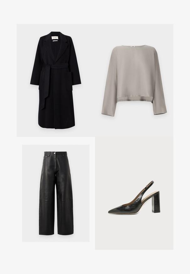 Zwarte wolmix jas met een geknipt kraag, tailleband en twee zijzakken. Lange mouwen en een rechte silhouet.; Lichtgrijs, cropped top met lange mouwen gemaakt van gladde stof. Voorzien van een ronde halslijn en subtiele zoomdetails.; Zwarte leren brede broek met een hoge taille, voorzakken en subtiele stiksels. De gladde textuur versterkt het ontwerp.; Zwarte leren slingback schoen met spits toelopend neusje, hoge blokhak en beige binnenvoering tegen een effen lichte achtergrond.