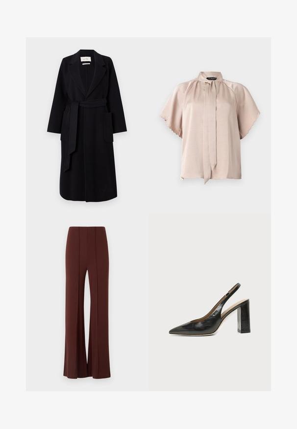 Abrigo de mezcla de lana negro que presenta un cuello de muesca, un lazo en la cintura y dos bolsillos laterales. Mangas largas y silueta recta.; Blusa de satén beige con mangas cortas onduladas y detalle de lazo en el cuello delantero, exhibida sobre un fondo liso gris claro.; Pantalones de pierna ancha marrones con cintura alta, hechos de una tela suave que presenta costuras verticales en el frente y un dobladillo terminado de manera impecable.; Zapato slingback negro de cuero con punta afilada, tacón cuadrado y un pequeño logo en el lateral, sobre un fondo blanco liso.