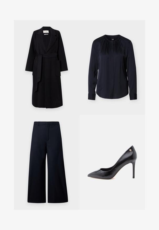 Manteau en mélange de laine noir avec col à revers, ceinture à la taille et deux poches latérales. Manches longues et silhouette droite.; Blouse bleu marine à manches longues, avec un col plissé et une fermeture à boutons. Tissu lisse avec poignets et coupe légèrement cintrée.; Pantalons à jambes larges en bleu marine, fabriqués dans un tissu lisse. Dotés d'une taille plate, de plis à l'avant et sans matériel ni motifs visibles.; Escarpin en cuir noir à talon haut avec un bout pointu, présentant un design ajouré et un petit logo doré sur le talon.