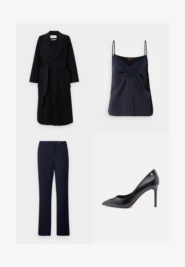 Zwarte wolmix jas met een geknipt kraag, tailleband en twee zijzakken. Lange mouwen en een rechte silhouet.; Marineblauwe zijden camisole met dunne bandjes, V-hals en geplooide details bij de buste; een soepele textuur en een relaxte pasvorm.; Navyblauwe op maat gemaakte broeken van een gladde stof, met een platte voorkant, rechte pijpen en een subtiele zilveren accent bij de taille.; Zwarte leren pump met hoge hak en spitse neus, voorzien van een uitsnijdingsontwerp en een klein gouden logo-accent op de hak.