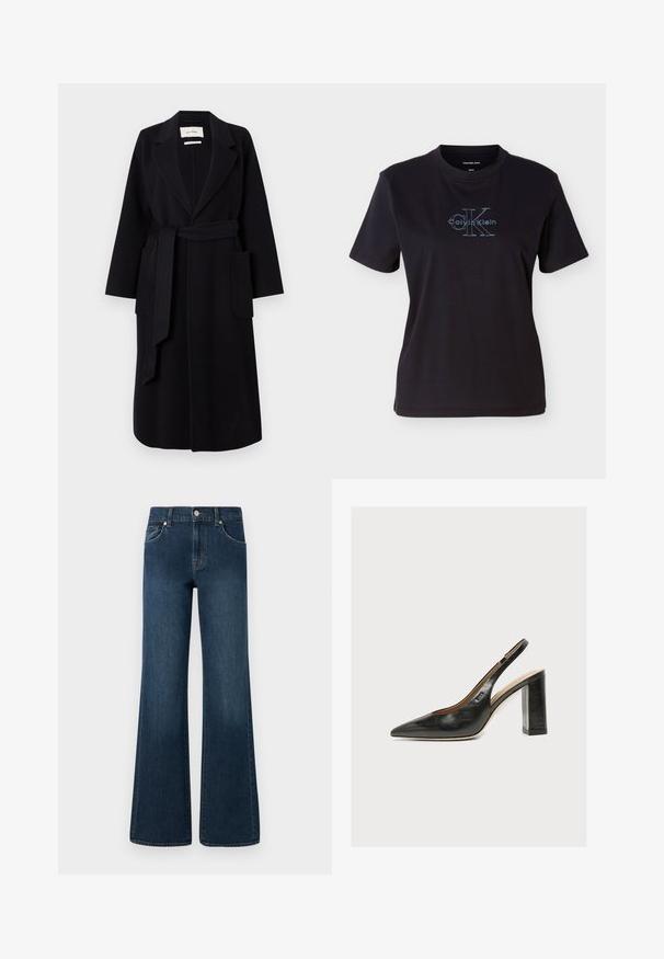 Zwarte wolmix jas met een geknipt kraag, tailleband en twee zijzakken. Lange mouwen en een rechte silhouet.; Zwart katoenen T-shirt met korte mouwen en een ronde hals. Op de voorkant staat een blauw Calvin Klein-logo met opvallende tekst.; Wijde denim jeans in een donkerblauwe wassing, met een knoopsluiting, vijf zakken en een lichte vervaging in de textuur voor extra detail.; Zwarte leren dames slingbackpumps met spitse neus en dikke hoge blokhak op witte achtergrond.
