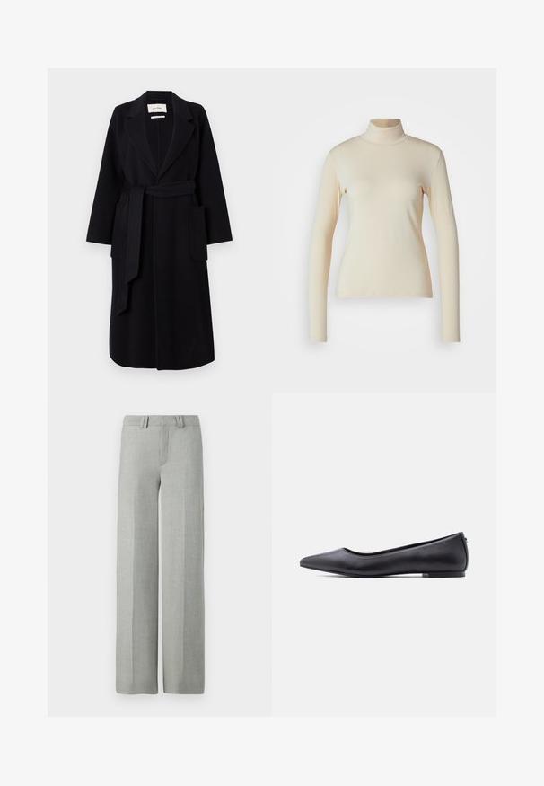 Manteau en mélange de laine noir avec col à revers, ceinture à la taille et deux poches latérales. Manches longues et silhouette droite.; Haut à col roulé à manches longues de couleur crème, fabriqué en tissu lisse et extensible ; design ajusté avec un col haut et sans motifs ni accents visibles.; Pantalons larges gris en tissu léger, dotés d'un devant plat, de passants de ceinture et de lignes épurées et taillées sans motifs visibles.; Chaussure plate en cuir noire à bout pointu avec petit talon, vue de profil sur fond blanc.