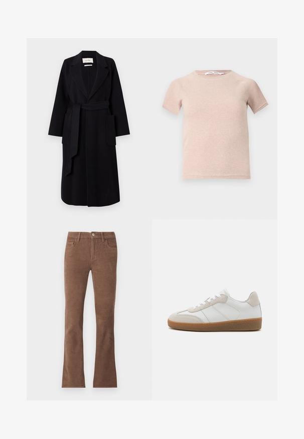 Abrigo de mezcla de lana negro que presenta un cuello de muesca, un lazo en la cintura y dos bolsillos laterales. Mangas largas y silueta recta.; Camiseta de manga corta color rosa claro, fabricada en tejido acanalado, con un escote redondo y un corte relajado. Diseño simple y sin costuras.; Pantalones de pana marrones con cierre de botón y cremallera, estilo de cinco bolsillos y piernas ligeramente acampanadas.; Deportivas de cuero blanco con acentos de ante beige, lengua texturizada y suela de goma. Presenta cordones blancos y detalles sutiles de costura.