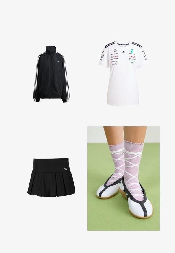 Čierna zipsová bunda vyrobená z ľahkého materiálu. Má vysoký golier, elastické manžety a biele pruhy po stranách. Malé logo na hrudi.; Biele športové tričko s krátkymi rukávmi, okrúhlym výstrihom, na ktorom sú čierne pruhy na pleciach a na prednej strane sú vytlačené viaceré logá sponzorov.; adidas Originals Minisukňa - black; Nohy v rebrovaných levanduľových ponožkách s bielymi krížovými pásmi v kombinácii s bielymi baletnými papučkami s čiernym lemom na zelenej podlahe.