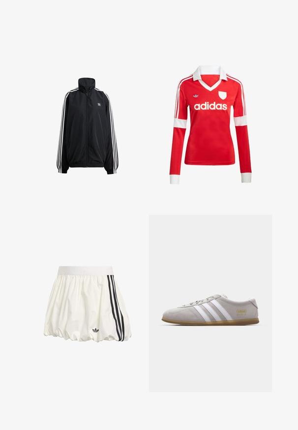 Zwarte ritsjack gemaakt van lichtgewicht materiaal. Voorzien van een hoge kraag, elastische manchetten en witte strepen aan de zijkanten. Klein logo op de borst.; Rode lange mouwen voetbalshirt met een witte kraag en manchetten. Heeft drie witte strepen op de schouders en het "adidas" logo prominent weergegeven.; Witte sportieve rok van lichtgewicht stof, voorzien van een brede tailleband, volumineuze vorm en drie zwarte strepen aan de zijkant.; Grijze suede sneaker met witte leren strepen en gouden logo detail. Platte gum zool, ronde neus en klassiek vetersluitingssysteem.