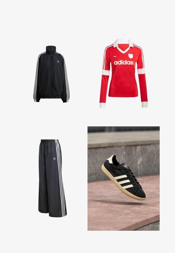 Čierna zipsová bunda vyrobená z ľahkého materiálu. Má vysoký golier, elastické manžety a biele pruhy po stranách. Malé logo na hrudi.; Červený futbalový dres s dlhým rukávom a bielym golierom a manžetami. Na ramenách sú tri biele pruhy a výrazne zobrazené logo "adidas".; Čierne športové nohavice z ľahkého materiálu, s tromi bielymi vertikálnymi pruhmi a elastickým pásom so sťahovacou šnúrkou.; Čierna teniska Adidas s bielymi pruhmi a béžovou podrážkou, zachytená vo vzduchu nad kamenným povrchom a kamennou stenou v pozadí.