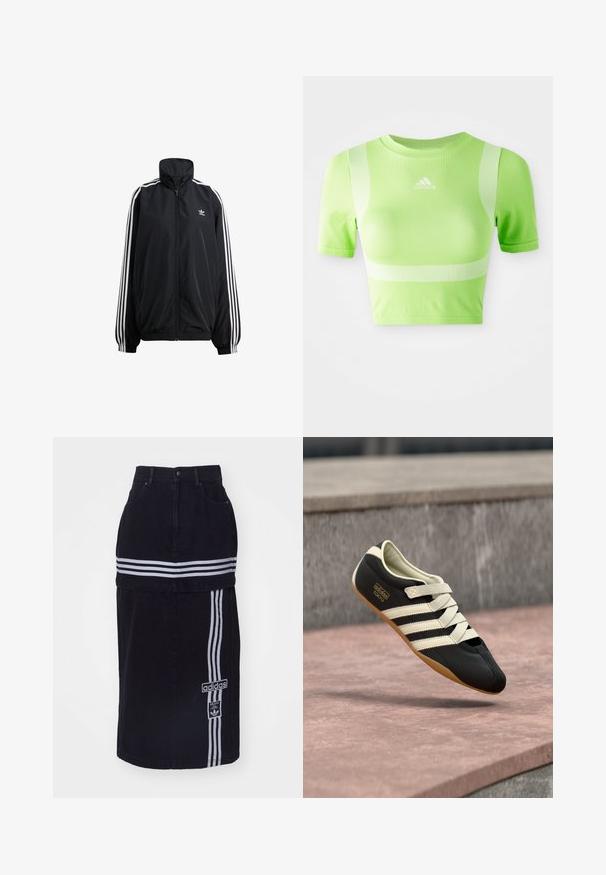 Zwarte ritsjack gemaakt van lichtgewicht materiaal. Voorzien van een hoge kraag, elastische manchetten en witte strepen aan de zijkanten. Klein logo op de borst.; Geknipt sportshirt van helder groene stof. Heeft korte mouwen, een ronde hals en een wit diagonale streepdesign op de schouders. adidas-logo aan de voorkant.; Zwarte spijkerrok met een hoge taille, voorzien van twee witte horizontale strepen, een Adidas logo tag aan de zijkant en een recht gesneden ontwerp.; Zwart sportschoen met crèmekleurige strepen en veters, met een laag profiel, gladde textuur en een rubberen zool voor grip. Merkenlabel zichtbaar.