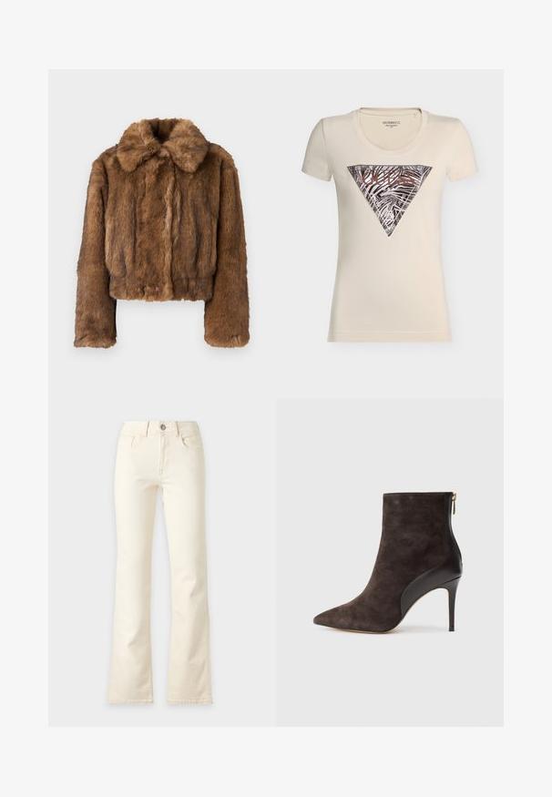 Veste cropped en fausse fourrure marron avec un col arrondi, des manches longues et une surface douce et texturée. Aucun matériel ou motif visible.; T-shirt ajusté à manches courtes crème avec un grand triangle imprimé zèbre et le logo "GUESS USA" en or rose sur le devant.; Jean droit couleur crème avec bouton à l’avant, fermeture éclair, passants de ceinture et poches avant sur un fond clair uni.; Bottine en daim marron à bout pointu, avec des accents en cuir noir et un talon aiguille haut, dotée d'une fermeture éclair sur le côté.