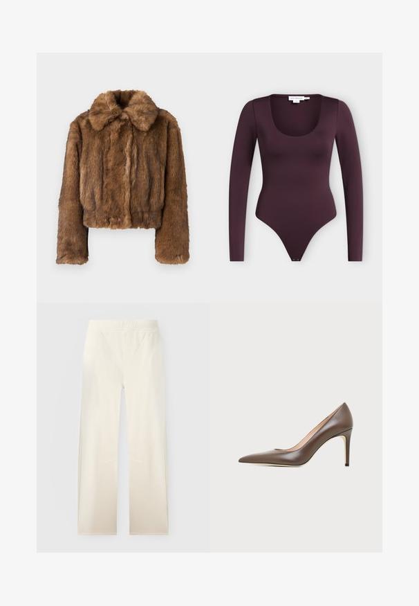 Veste cropped en fausse fourrure marron avec un col arrondi, des manches longues et une surface douce et texturée. Aucun matériel ou motif visible.; Body à manches longues violet foncé avec encolure arrondie et pressions à l'entrejambe, présenté à plat sur un fond clair.; Pantalon large écru avec taille élastique et subtils détails de couture à l'avant, présenté sur fond uni.; Chaussure à talon haut en cuir marron à bout pointu avec un talon aiguille fin et une finition lisse sur un fond clair.