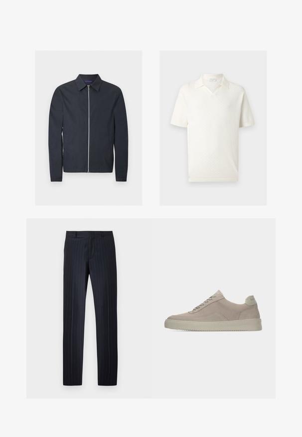 Veste légère bleu marine avec fermeture éclair argentée intégrale à l'avant, col classique, manches longues, poignets élastiques et poches latérales.; Polo en maille blanc à manches courtes avec un motif texturé subtil et un col ouvert, présenté sur un fond clair uni.; Pantalon de costume bleu marine avec fines rayures blanches, passants de ceinture et fermeture éclair à l'avant, présenté sur un fond blanc uni.; Baskets en daim beige avec une finition texturée, un bout arrondi et des lacets ton sur ton. Elles présentent une semelle en caoutchouc épaisse et un branding discret sur le talon.