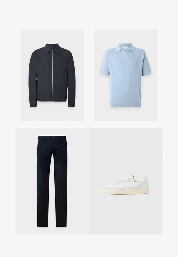 Veste légère bleu marine avec fermeture éclair argentée intégrale à l'avant, col classique, manches longues, poignets élastiques et poches latérales.; Polo bleu clair à manches courtes avec motif à carreaux texturé et col, poignets et ourlet côtelés.; Pantalon slim bleu marine foncé avec poches avant, passants de ceinture et fermeture par bouton à la taille, présenté à plat sur un fond clair.; Baskets blanches avec dessus en daim et cuir texturé. Caractérisées par un bout arrondi, une fermeture à lacets et une semelle en caoutchouc beige contrastante.