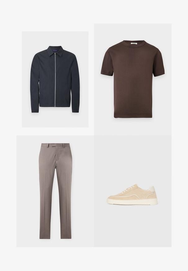 Veste légère bleu marine avec fermeture éclair argentée intégrale à l'avant, col classique, manches longues, poignets élastiques et poches latérales.; Pull marron à manches courtes à col rond, avec col et poignets en maille côtelée, présenté sur un fond gris clair uni.; Pantalon beige pour homme, coupe droite, pli devant, passants de ceinture et fermeture avant dissimulée sur un fond uni.; Baskets en daim beige avec semelle et lacets blancs, design basse, et motif de semelle en zigzag.