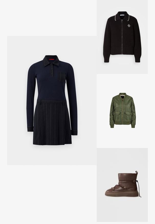 Olivovo zelená bomber bunda vyrobená z lesklého materiálu, so vzorovanými manžetami, dvoma prednými vreckami a zipsovým zapínaním. Viditeľná podšívka.; Čierna pletená bunda s rebrovanou textúrou, zapínaním na zips, kontrastným krémovým golierom a malým logom na hrudi.; Námornícka polo šaty s dlhými rukávmi, rebrovanou textúrou, zapínaním na gombíky a náprsníkom; sukňa má vertikálne pruhy a sklady.; Hnedá kožená členková čižma s hrubou podrážkou, obtočenými šnúrkami zabezpečenými kovovými krúžkami a zadným úchytom na pozadí bez vzoru.