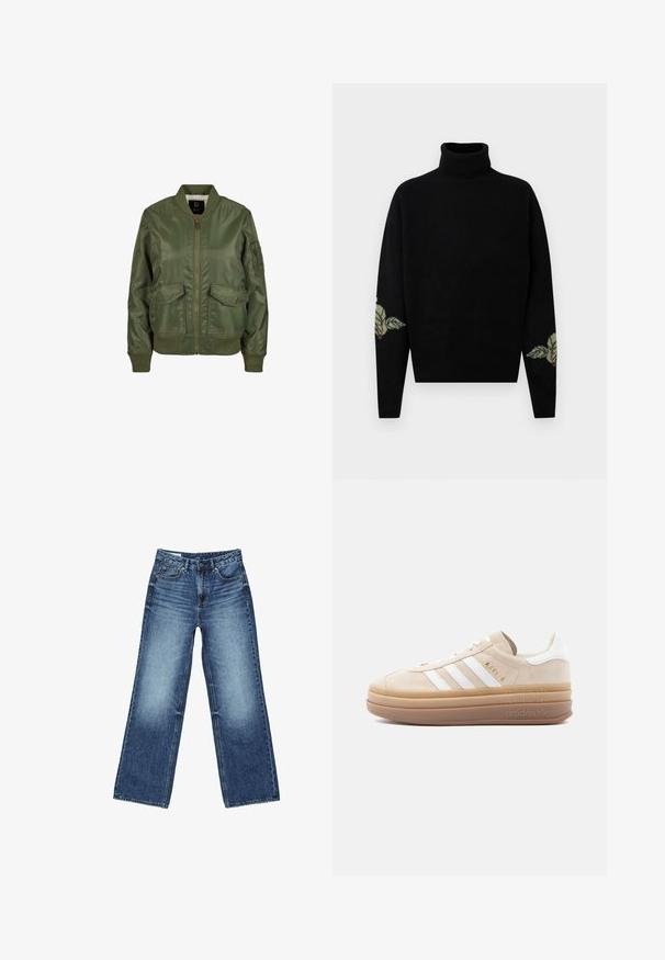 Veste bomber vert olive en matériau brillant, avec des poignets côtelés, deux poches avant et une fermeture éclair. Doublure intérieure visible.; Pull à col roulé noir à manches longues, présentant des motifs floraux subtils verts et beiges près des coudes sur les deux bras.; Jean en denim bleu avec une taille haute, une fermeture à boutons et glissière à l'avant, des poches avant et arrière, et un lavage légèrement délavé.; Baskets en daim beige avec accents en cuir blanc, présentant trois rayures blanches, un logo doré et une semelle en caoutchouc épaisse et translucide.