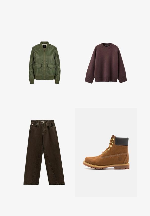 Olivegrüner Bomberjacke aus glänzendem Material, mit gerippten Bündchen, zwei Fronttaschen und einem Reißverschluss. Futter innen sichtbar.; Locker geschnittener Pullover in dunklem Burgunderrot aus weichem Strickstoff. Mit einem gerippten Rundhalsausschnitt, weiten Ärmeln und einem gerippten Saum.; Dunkelbraune Jeans mit weitem Bein, vorn mit Knopf- und Reißverschluss, Gürtelschlaufen und Fünf-Taschen-Design, flach auf weißem Hintergrund ausgelegt.; Braune Wildleder-Stiefelette mit schwarzem gepolstertem Kragen, goldenen Ösen, Schnürung an der Vorderseite und Gummisohle mit strukturiertem Muster.