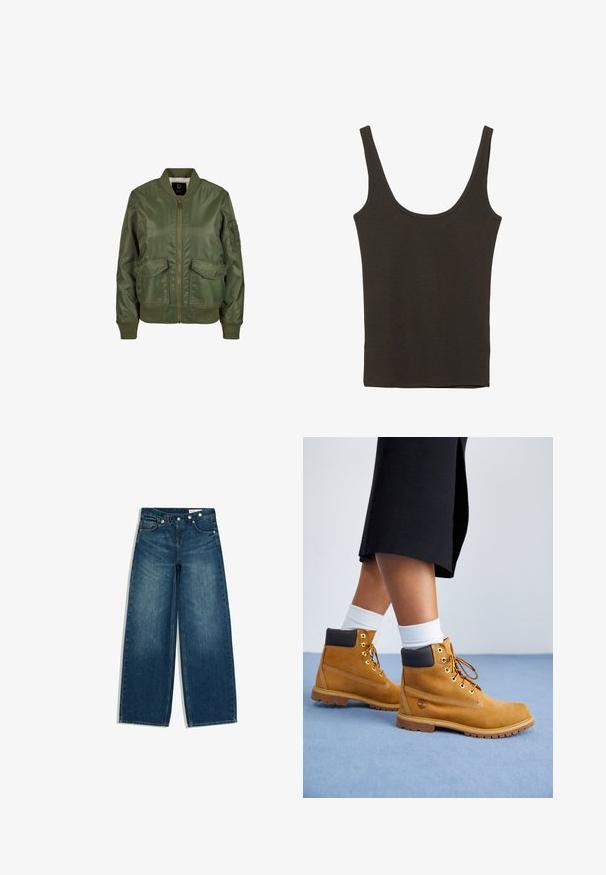 Olivegrüner Bomberjacke aus glänzendem Material, mit gerippten Bündchen, zwei Fronttaschen und einem Reißverschluss. Futter innen sichtbar.; Dunkelbraunes, ärmelloses Tanktop mit breiten Schulterträgern und rundem Ausschnitt, flach auf einem weißen Hintergrund liegend.; Blaue Jeans mit hoher Taille und weitem Bein, vorne und hinten Taschen sowie einem diagonal geknöpften Taillenbund.; Sandfarbene Wildlederschuhe mit braunen Lederakzenten, goldenen Ösen und einer strukturierten Sohle. Weiße Socken, die über den Stiefeln sichtbar sind.