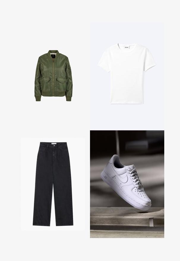 Olivovo zelená bomber bunda vyrobená z lesklého materiálu, so vzorovanými manžetami, dvoma prednými vreckami a zipsovým zapínaním. Viditeľná podšívka.; Jednofarebné biele tričko s krátkym rukávom a okrúhlym výstrihom, s malou štítkou "WEEKDAY" vo vnútri výstrihu, zobrazené na svetlom pozadí, položené na rovnej ploche.; Čierne džínsy s vysokým pásom a širokými nohavicami, s predným zapínaním na gombík a zips, pútka na opasok a piatimi vreckami.; Biele tenisky Nike Air Force 1 vznášajúce sa nad betónovým povrchom so tieňmi v minimalistickom prostredí.
