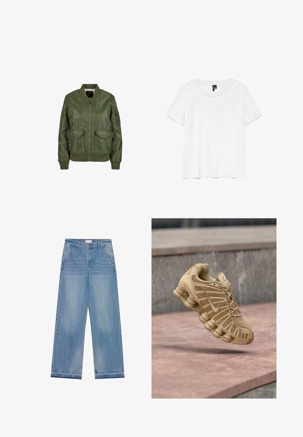 Olivegrüner Bomberjacke aus glänzendem Material, mit gerippten Bündchen, zwei Fronttaschen und einem Reißverschluss. Futter innen sichtbar.; Weißes T-Shirt mit kurzen Ärmeln und rundem Ausschnitt, hergestellt aus leichtem Stoff. Schlichtes Design, glatte Textur und gerader Saum.; Helle blaue hochgeschnittene Schlagjeans mit Knopfverschluss, Fronttaschen, Gürtelschlaufen und subtilen Ausbleichungen.; Beiger Sportschuh mit mesh-Obermaterial und strukturierter Unterstützung, ausgestattet mit einer gepolsterten Sohle mit sichtbaren Lufteinheiten und texturierten Details.