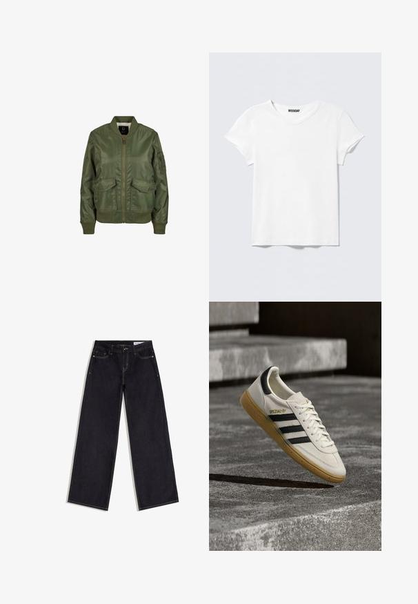 Olivengrøn bomberjakke lavet af blankt materiale, med ribbede manchetter, to frontlommer og lynlås lukning. Foret indre synligt.; Enkelt hvid T-shirt med korte ærmer og V-hals, med et lille "WEEKDAY" mærke indeni kraven, vist mod en lysegrå baggrund.; Mørkeblå jeans med vide ben, forlommer, bæltestropper og kontrastsyninger, lagt fladt på en hvid baggrund.; Hvid Adidas Spezial sneaker med sorte striber og gummisål, svævende over grå stentrin udendørs.