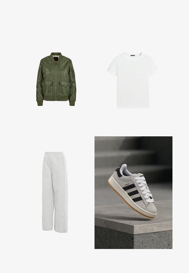 Olivegrüner Bomberjacke aus glänzendem Material, mit gerippten Bündchen, zwei Fronttaschen und einem Reißverschluss. Futter innen sichtbar.; Schlichtes weißes T-Shirt mit kurzen Ärmeln, rundem Halsausschnitt und einem kleinen schwarzen Etikett innen am Kragen.; Hellgraue Adidas Weitbein-Trainingshose mit elastischem Bund, weißen drei Streifen an den Seiten, Reißverschlusstasche und dezentem Blumenstick auf dem linken Bein.; Grauer Adidas Campus Sneaker mit schwarzen Streifen und weißen Schnürsenkeln, der über einer Betonmauer schwebt, mit Treppen im Hintergrund.
