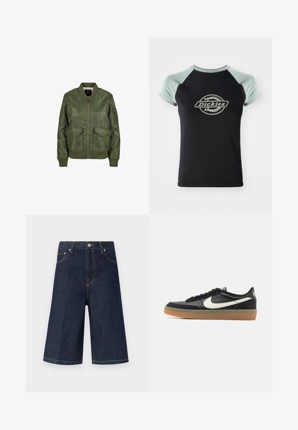Olivengrøn bomberjakke lavet af blankt materiale, med ribbede manchetter, to frontlommer og lynlås lukning. Foret indre synligt.; Sort t-shirt med lys grøn raglanærmer. Har et centralt cirkulært logo med teksten "Dickies" i et rebdesign. Blød stoftekstur.; Mørkeblå denim knælange shorts med frontknap, lommer og gule syninger, vist mod en ensfarvet lys baggrund.; Sort atletisk sko med en tekstureret læderoverdel, hvid swoosh-logo og en gummisål. Snørebånddesign med polstring ved kraven.