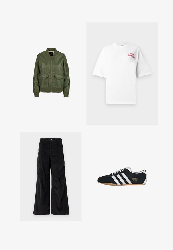 Olivegrüner Bomberjacke aus glänzendem Material, mit gerippten Bündchen, zwei Fronttaschen und einem Reißverschluss. Futter innen sichtbar.; Weißes T-Shirt mit kurzen Ärmeln und einem kleinen roten "new balance"-Logo auf der linken Brust, vor einfachem Hintergrund gezeigt.; Schwarze Cordstoff-Cargohosen mit weitem Bein, ausgestattet mit strukturierten vertikalen Rillen, seitlichen Taschen und einem Knopfverschluss an der Taille.; Schwarze Wildledersneaker mit drei weißen Streifen, goldenem Logo und brauner Gummisohle. Merkmale ein niedrigprofiliertes Schnürdesign.