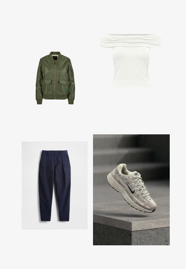 Olivengrøn bomberjakke lavet af blankt materiale, med ribbede manchetter, to frontlommer og lynlås lukning. Foret indre synligt.; Hvid off-shoulder ribbet cropped top med rynket detalje langs halsudskæringen og kort, tætsiddende snit.; Navyblå bukser med glat tekstur, med plisseret forside, to sidelommer og opsmøgede manchetter. Elastisk taljebånd for komfort.; Beige og brun Nike løbesko med slangeskindsmønster, sort swoosh og tyk sål, hængende over en betonoverflade med trin i baggrunden.